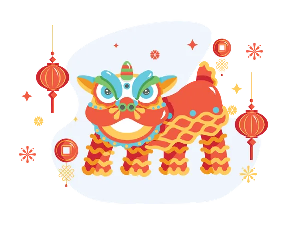 Traditional Chinese lion in dance festival Illustration