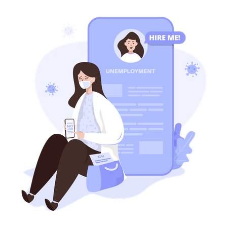 Unemployed woman with cv waiting for job opportunity Illustration
