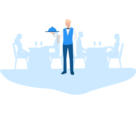 Waiter holding tray in restaurant Illustration