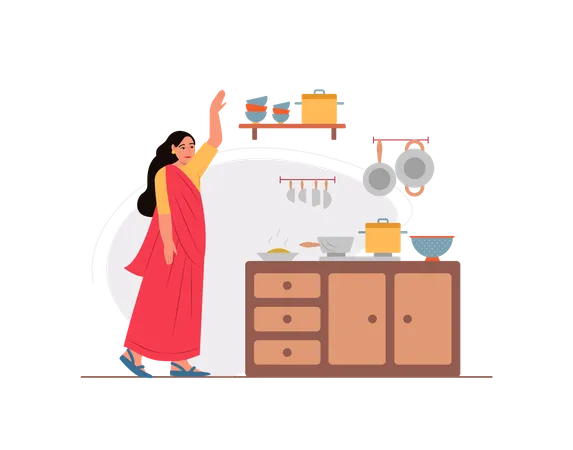 Woman picking out bowl in the kitchen Illustration