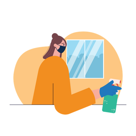 Woman wearing mask and cleaning Illustration