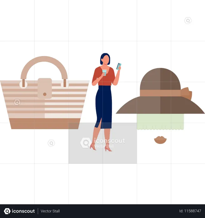 オンラインでハンドバッグを購入する女の子  イラスト