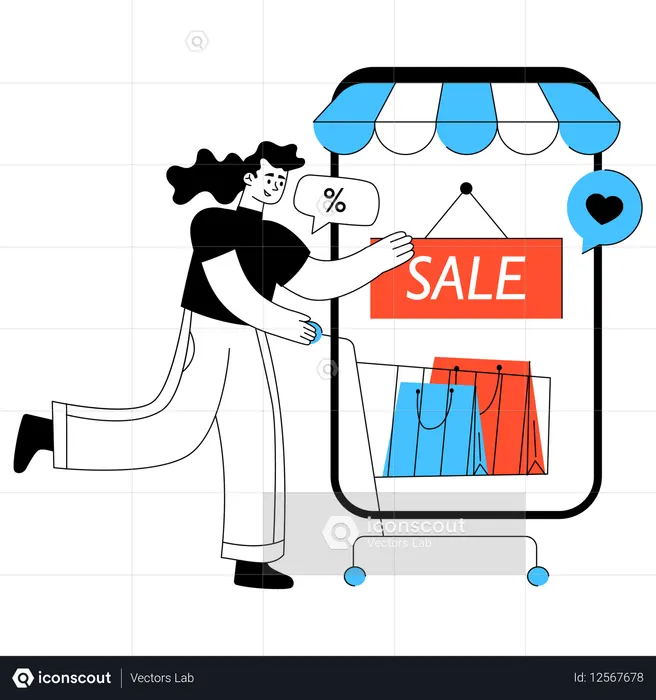 여성, 모바일 쇼핑 세일에 열광  일러스트레이션