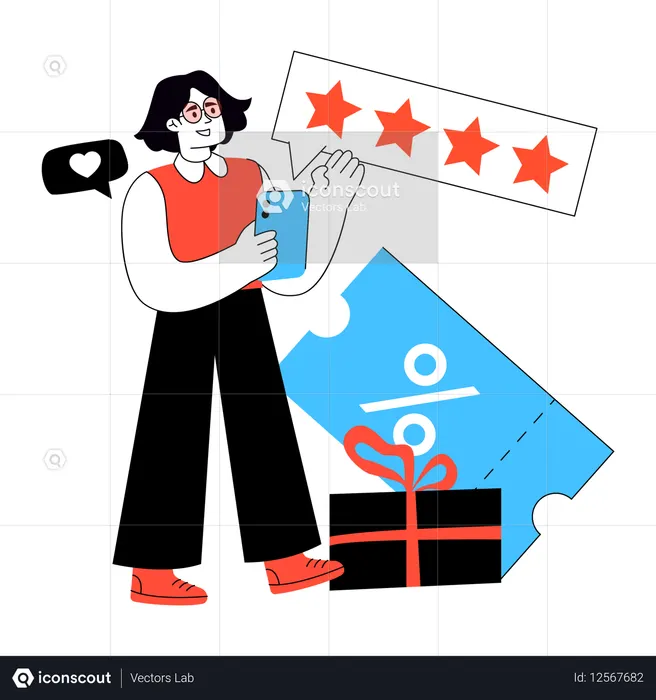 판매 리뷰를 제공하는 여성  일러스트레이션