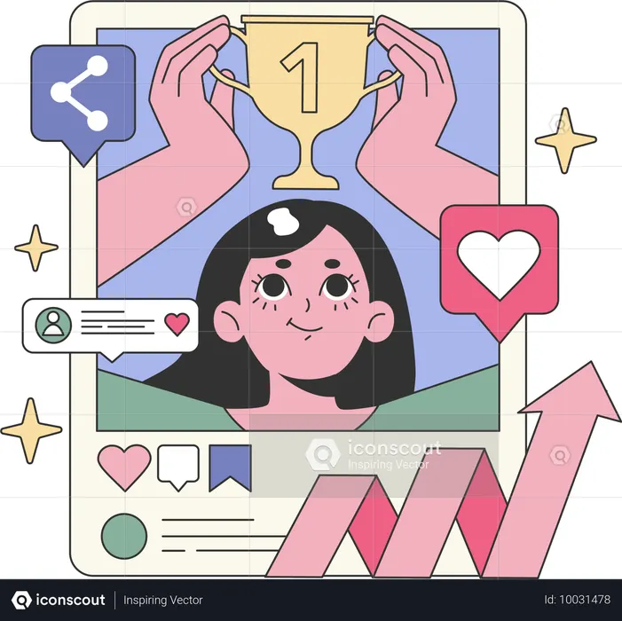 ソーシャルメディアに成功談を投稿する少女  イラスト