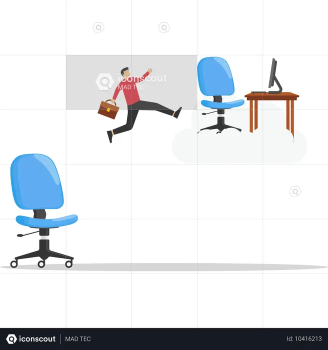 사업가가 작업 책상에서 사다리를 타고 더 높은 곳으로 올라갑니다.  일러스트레이션