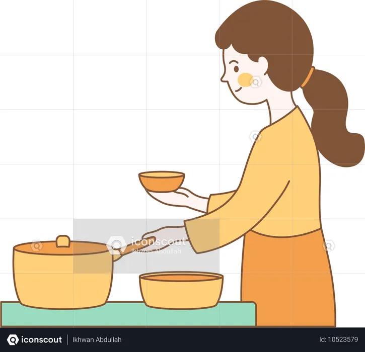 かわいい女性キャラクターがキッチンでフライパンを使って料理をしている  イラスト