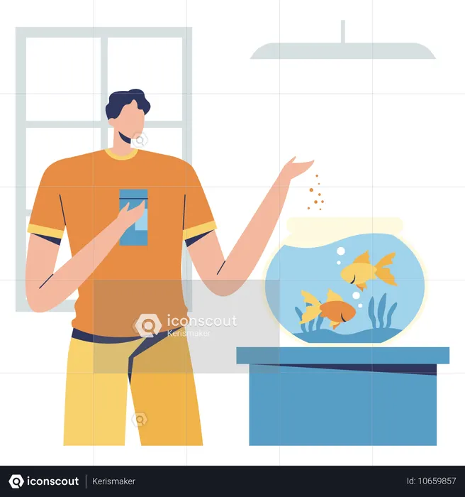 魚に餌をやる男性  イラスト