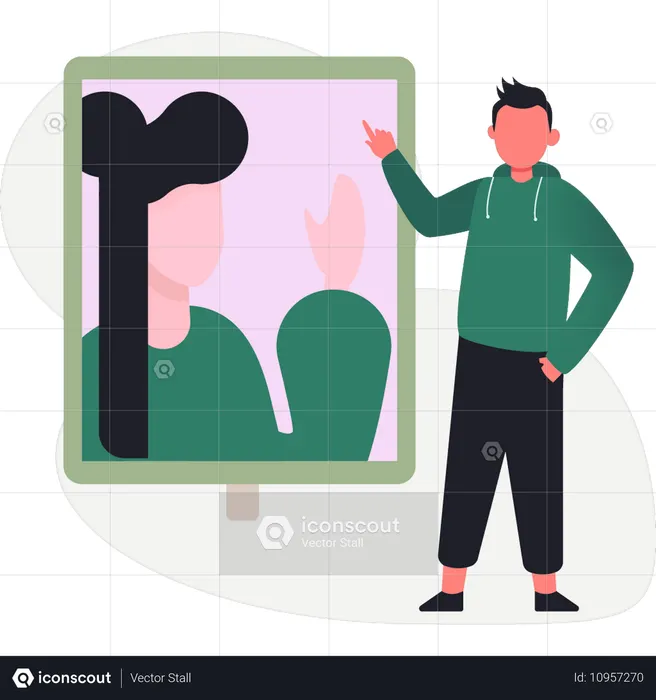 화면 이미지를 가리키는 소년  일러스트레이션