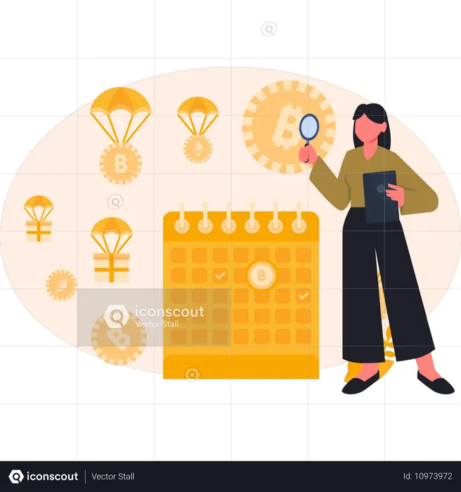 カレンダーでビットコインを検索する女性たち  イラスト