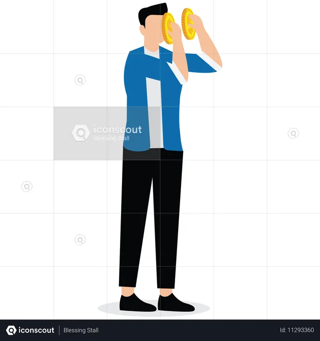 両手で金貨を目の前に掲げるビジネスマン  イラスト