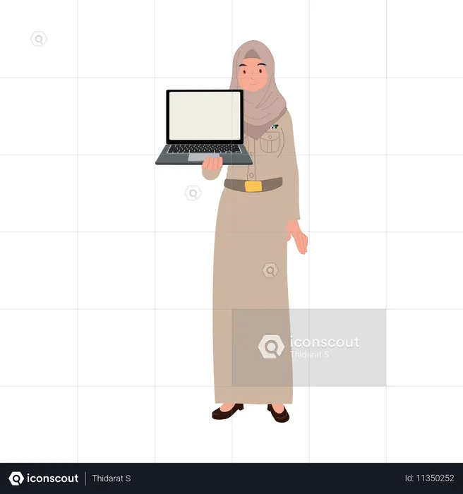 ヒジャブをかぶったプロのタイ人イスラム教徒教師がノートパソコンで授業を説明している  イラスト
