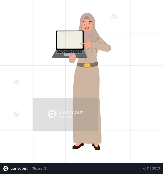 ヒジャブをかぶったタイのイスラム教徒の教師がノートパソコンで授業を説明している  イラスト