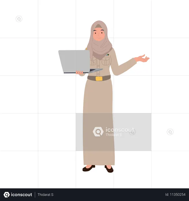 ヒジャブをかぶったプロのタイ人イスラム教徒教師がノートパソコンで授業を説明している  イラスト
