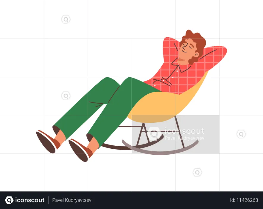 나무 다리가 달린 복고풍 로킹 의자에 앉아 쉬고 있는 젊은 남자  일러스트레이션