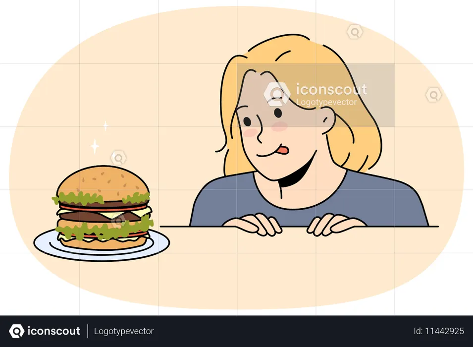 테이블 위의 맛있는 버거를 보고 흥분한 아이  일러스트레이션