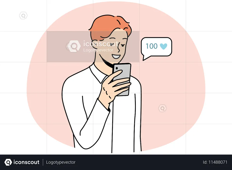 소셜 미디어에서 좋아요를 받는 청년  일러스트레이션