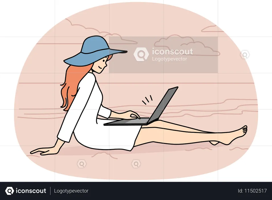 젊은 여성이 해변에서 휴식을 취하고 노트북으로 작업하고 있습니다  일러스트레이션
