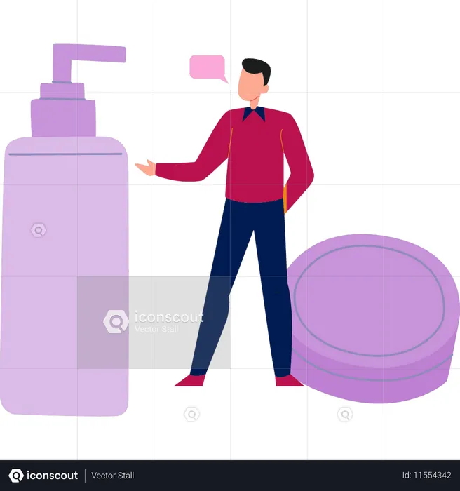 メイクアップアクセサリーについて話している若い男性  イラスト