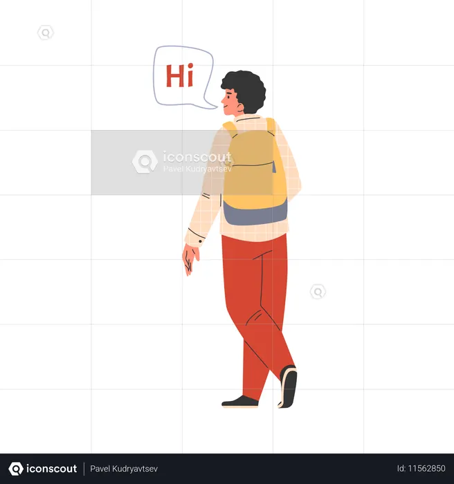 バックパックを背負って挨拶する若い男性  イラスト