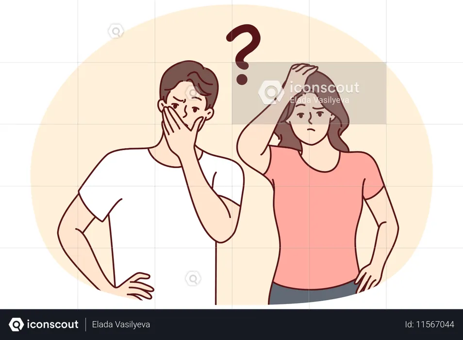 思慮深い男女が恥ずかしそうに口と頭を触りながら前を向く  イラスト