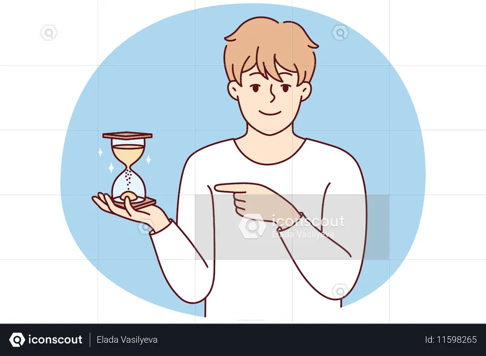 笑顔の若い男性が砂時計を指差して、砂の流れと時間の経過を示しています。  イラスト