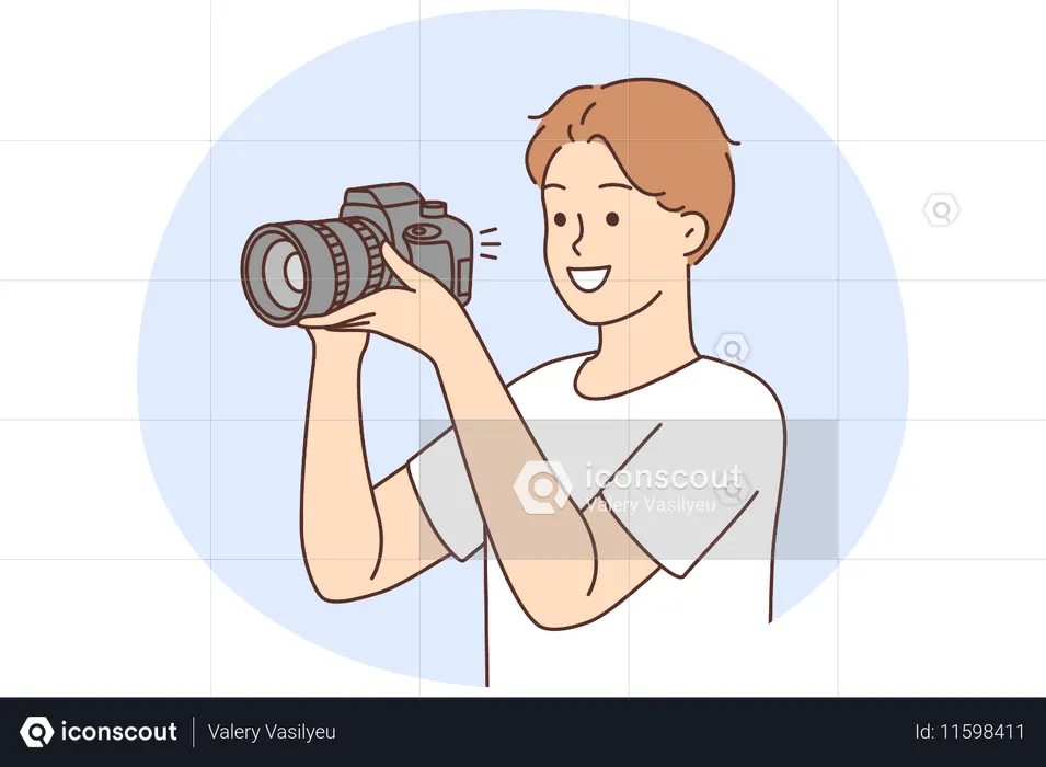 전문 카메라를 들고 사진을 찍는 웃는 청년  일러스트레이션