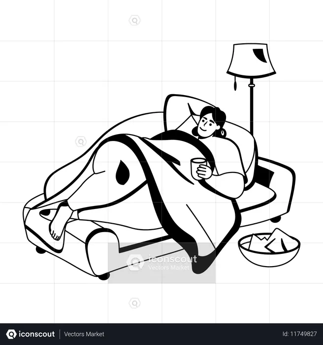 방에서 쉬고 있는 여자  일러스트레이션