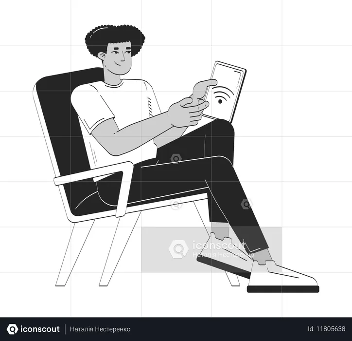 태블릿으로 스마트 기기를 제어하는 라틴계 남성  일러스트레이션