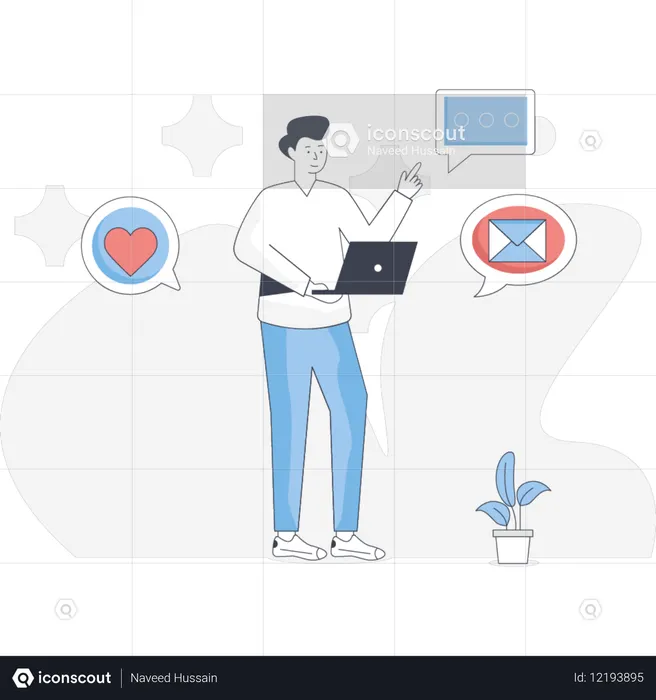 소셜 미디어에서 채팅하는 소년  일러스트레이션