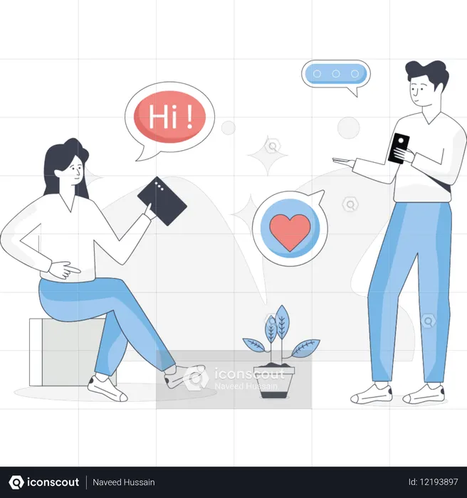 소셜 미디어에서 대화하는 소년과 소녀  일러스트레이션