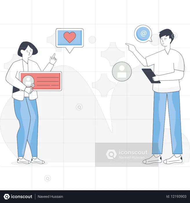 소셜 미디어 프로필 사진을 설정하는 소년과 소녀  일러스트레이션