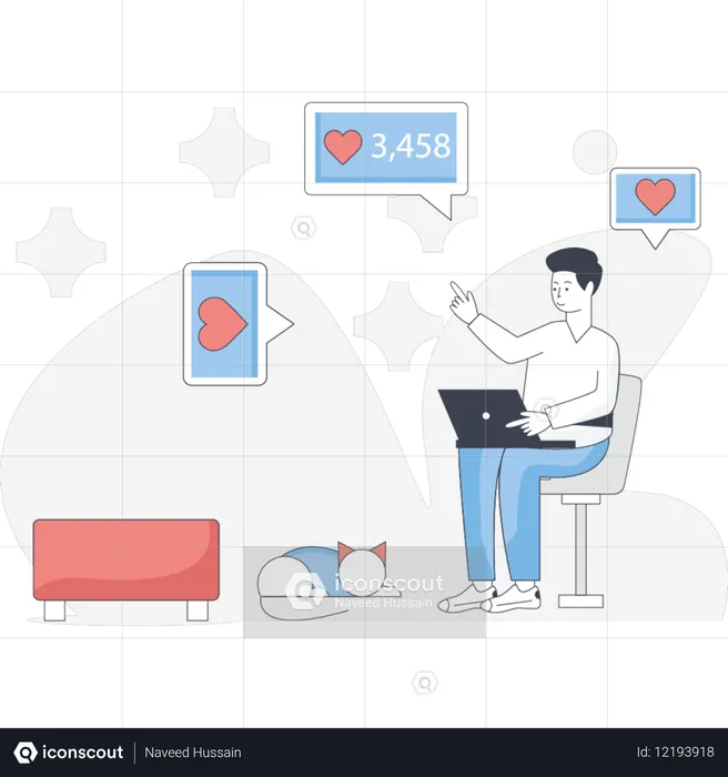소셜 미디어 좋아요 수를 세는 남성  일러스트레이션