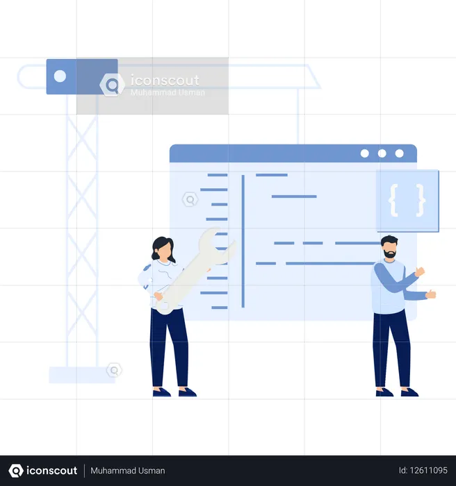 画面上にツールとコードを表示するソフトウェア開発チーム  イラスト