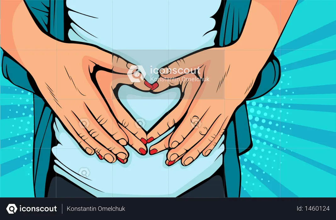 妊娠中の妻のお腹を抱きハートを作る男性  イラスト