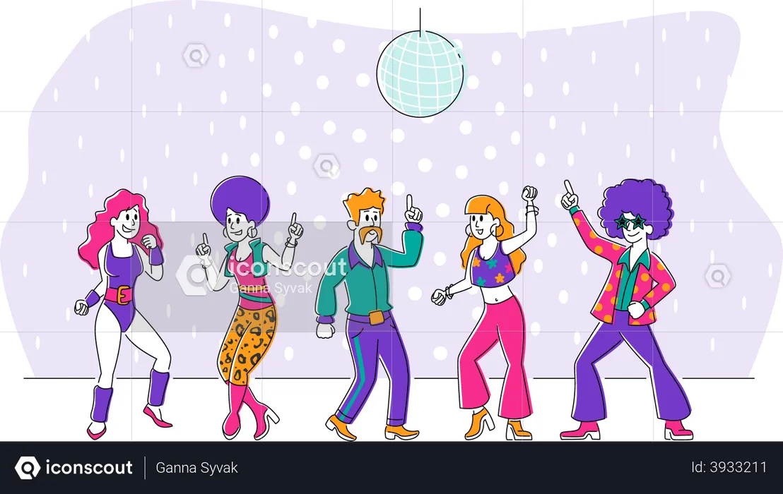 1980s Stylish Men and Women Characters Dance at Retro Disco Party in Night Club  Illustration