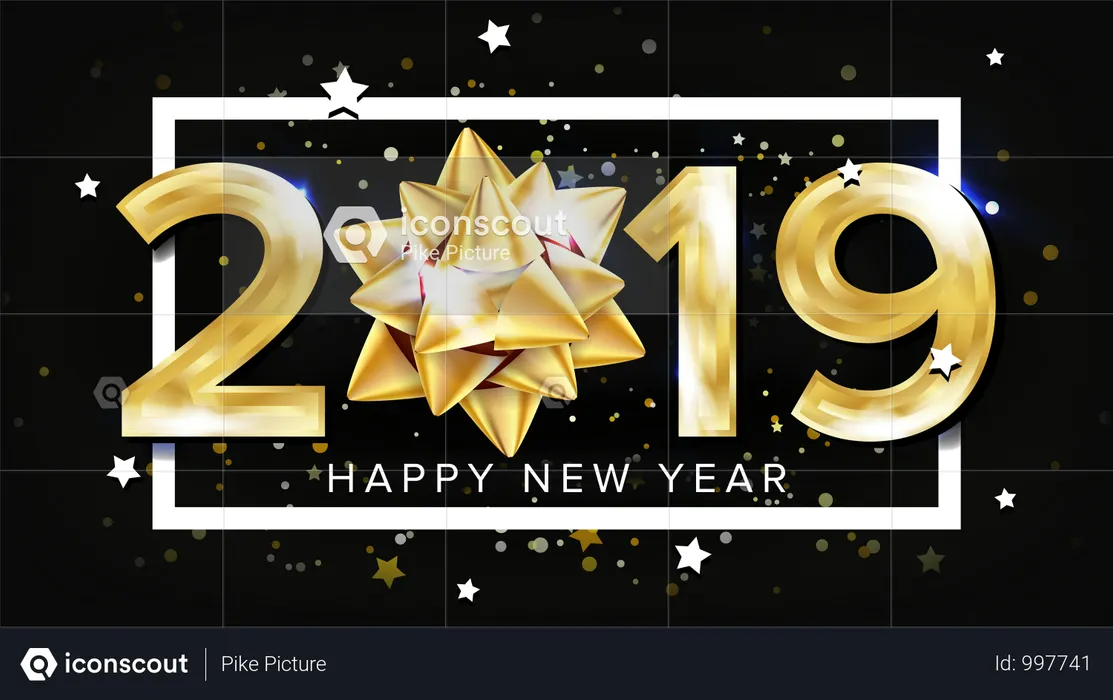 2019 Happy New Year Background Vector. Decoration Element. Beautiful Golden Gift Bow. Christmas. Illustration  Illustration