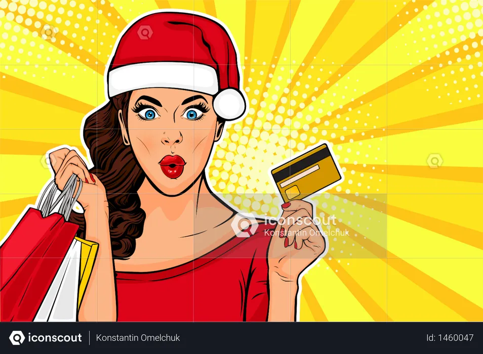 2019 New Year sales postcard or greeting card. WOW sexy young girl with bags and credit card. Vector illustration in pop art retro comic style  Illustration