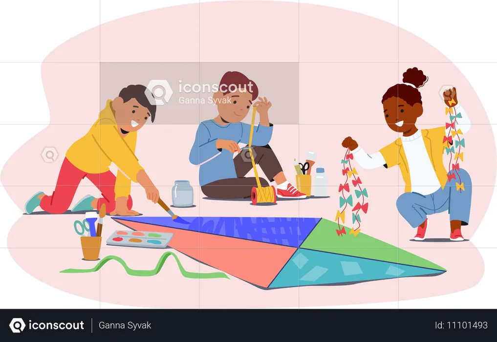 紙凧を作る3人の子供たち  イラスト