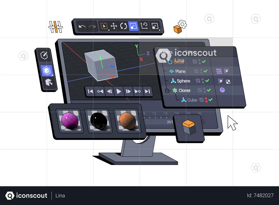 3D Software Suite Interface displayed on a Computer monitor  Illustration