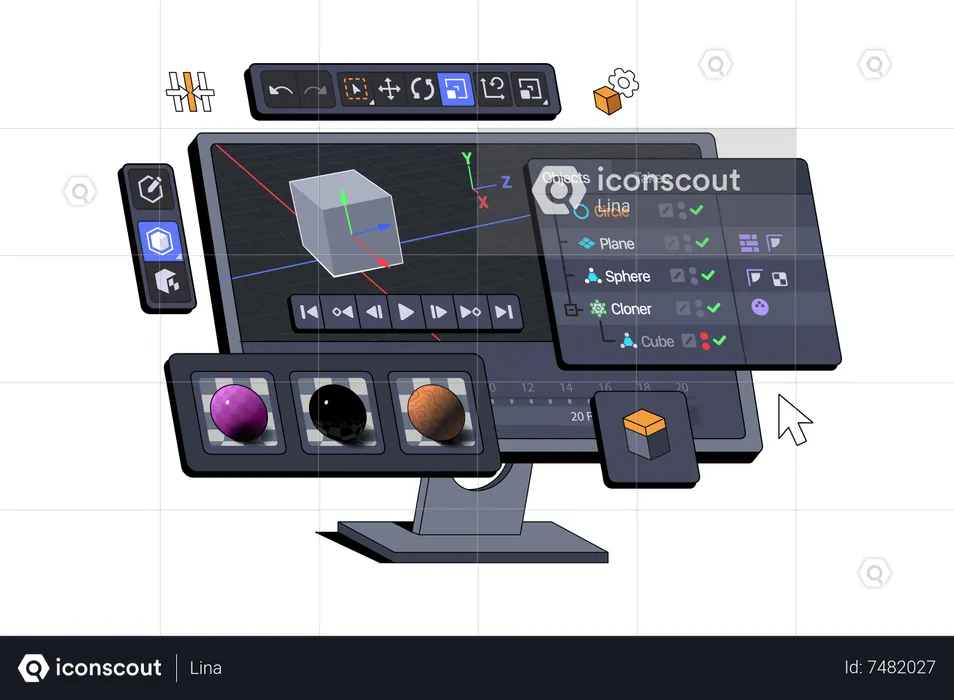 Interface do conjunto de software 3D exibida em um monitor de computador  Ilustração