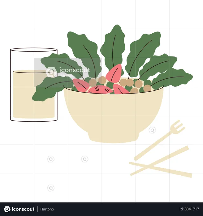 A bowl of salad and a glass of water  Illustration