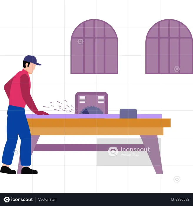 A boy is cutting wood with a saw cutter  Illustration