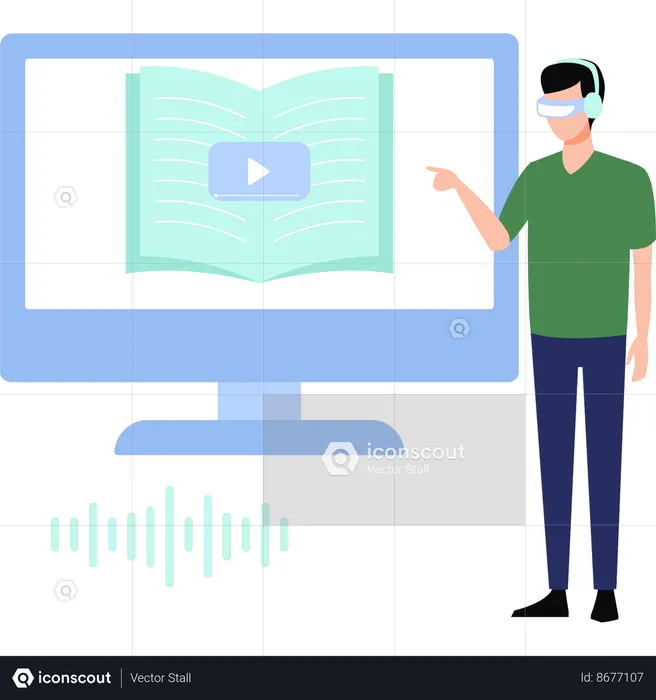 A boy is pointing at video that is being watched through VR glasses  Illustration