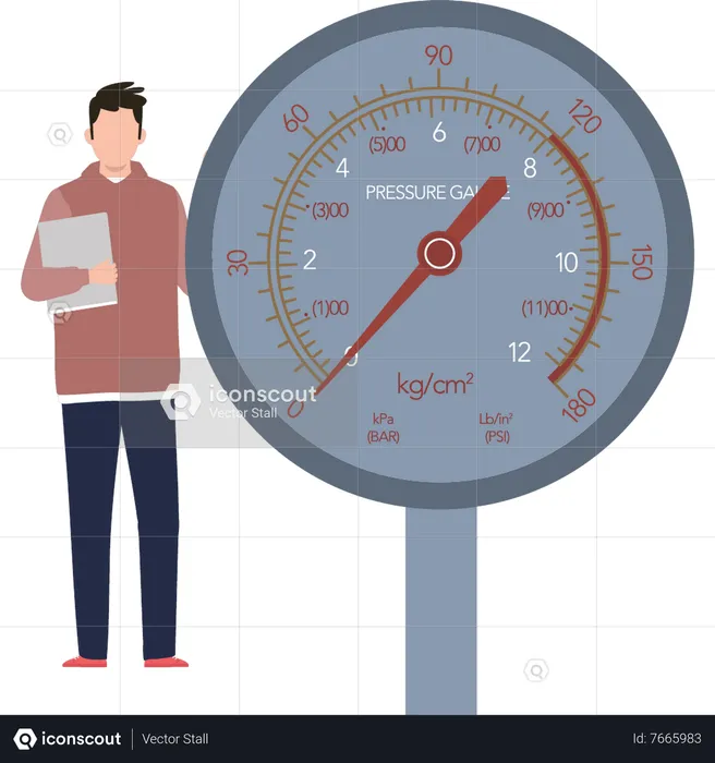 A boy standing next to a speedometer  Illustration