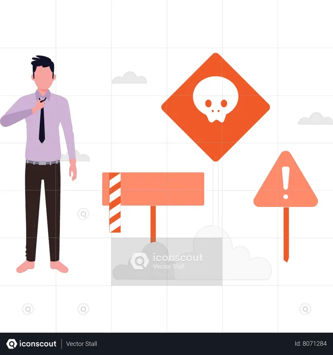 A boy stands next to a warning board  Illustration