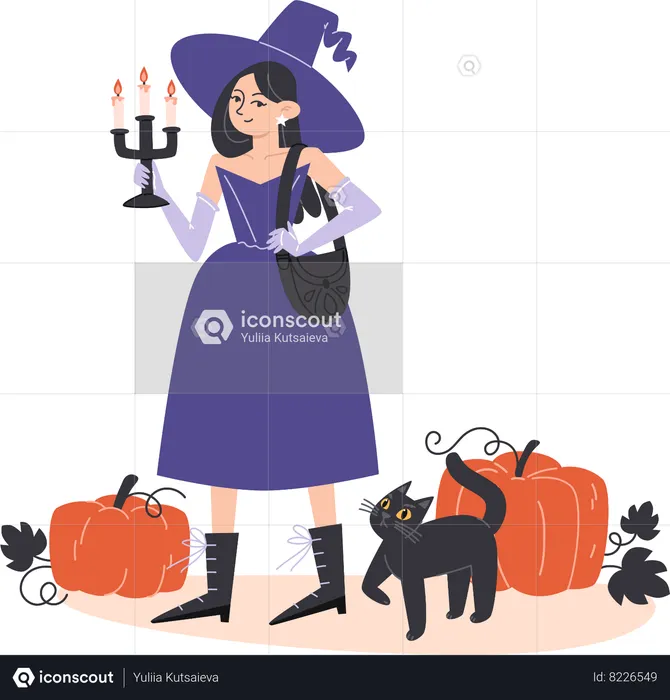 Menina bruxa andando com gato preto entre abóboras  Ilustração