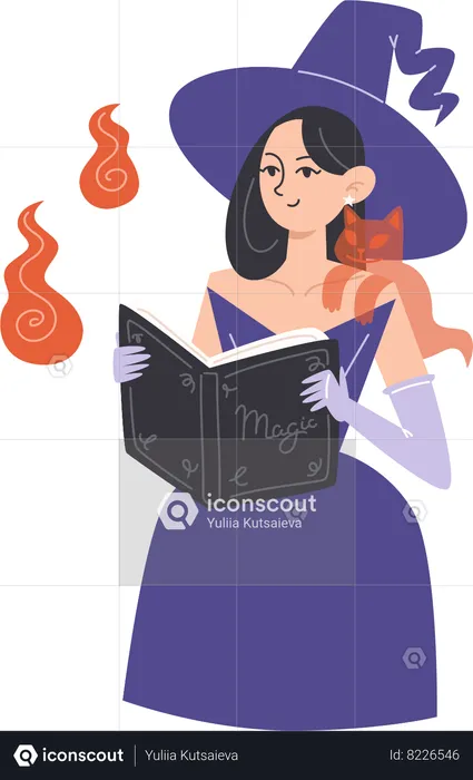 Menina bruxa com gato fantasma no ombro e lê livro mágico  Ilustração