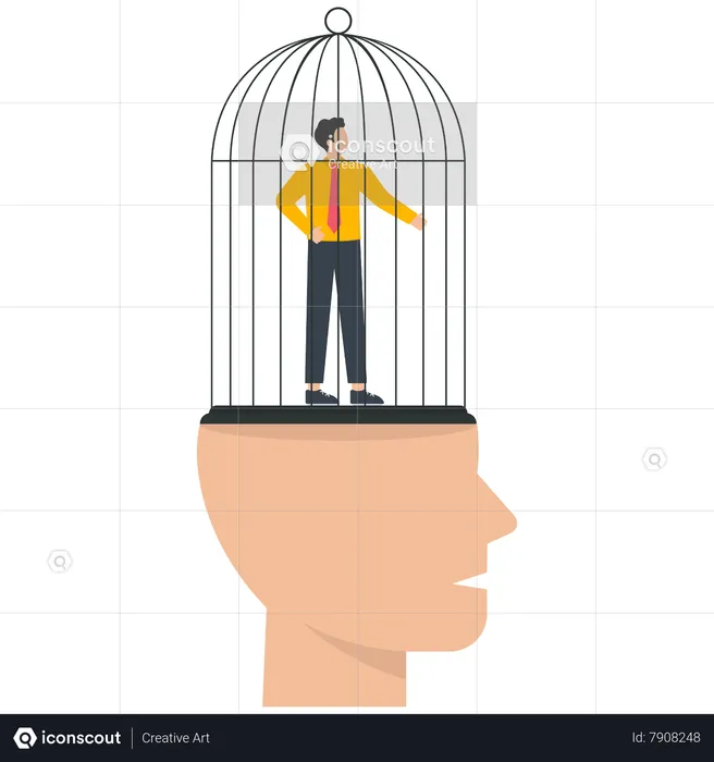 A businessman in a cage on a human head  Illustration