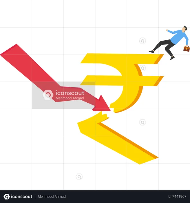 A businessman tries to prop up a falling indian rupee  Illustration
